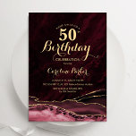 Burgundy Gold Agate Marble 50. Geburtstag Einladung<br><div class="desc">Burgund und Gold feiern 50. Geburtstag Einladung. Elegantes modernes Design mit Marsala-Wein,  dunkelroten Aquarellfarben marmorgeode Hintergrund,  Imitate Glitzer Gold und Typografie Drehbuch Schriftart. Die trendige Einladungskarte eignet sich perfekt für eine stilvolle Damenfeier. Gedruckte Zazzle Einladungen oder Sofortdownload digitalen druckbaren Vorlage.</div>