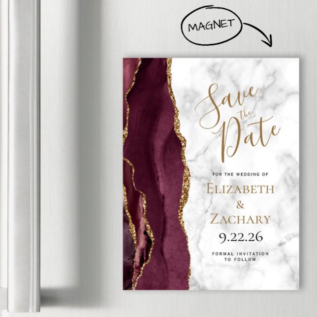 Burgundy Gold Agate Marmor Magnetic Save the Date Magnetkarte (Von Creator hochgeladen)