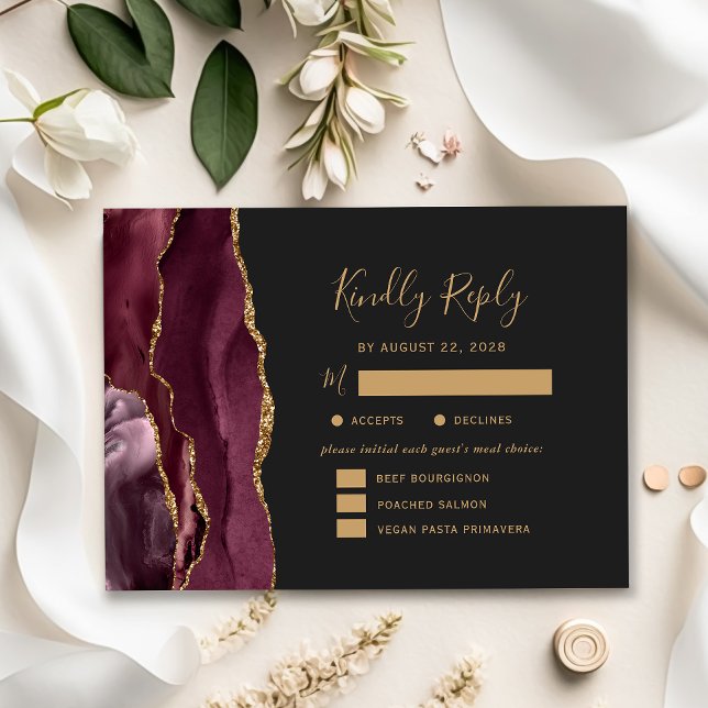 Burgundy Gold Agate Meetings Optionen Dunkle Hochz RSVP Karte (Von Creator hochgeladen)
