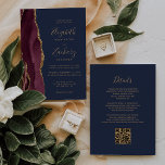 Burgundy Gold Agate Navy Blue QR Code Hochzeit Einladung<br><div class="desc">Die links Seite dieses eleganten, modernen Hochzeitseinladens besticht durch eine bordeauxrote Aquarellgrenze, die mit vergoldetem Imitat bestickt ist. Der anpassbare Text kombiniert goldfarbene Handschrift, Copperplate und kursiv Schriftart auf marinebasischem Hintergrund. Die Rückseite bietet Platz für Hochzeitsdetails auf einem massiven marineblauen Hintergrund, zusammen mit einem QR-Code können Gäste scannen, um Ihre...</div>