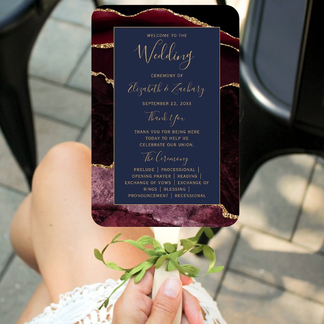 Burgundy Gold Agate Navy Blue Wedding Program Fächer (Von Creator hochgeladen)