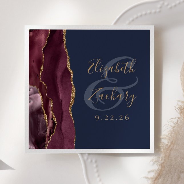 Burgundy Gold Agate Navy Blue Wedding Serviette (Von Creator hochgeladen)