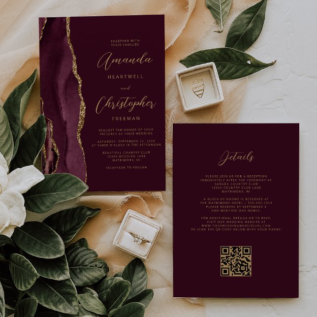 Burgundy Gold Agate QR Code Wedding Einladung (Von Creator hochgeladen)