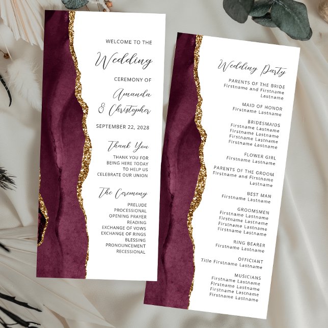 Burgundy Gold Agate Script Wedding Programm (Von Creator hochgeladen)