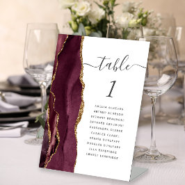 Burgundy Gold Agate Script Wedding Tischnummer Sockelschild