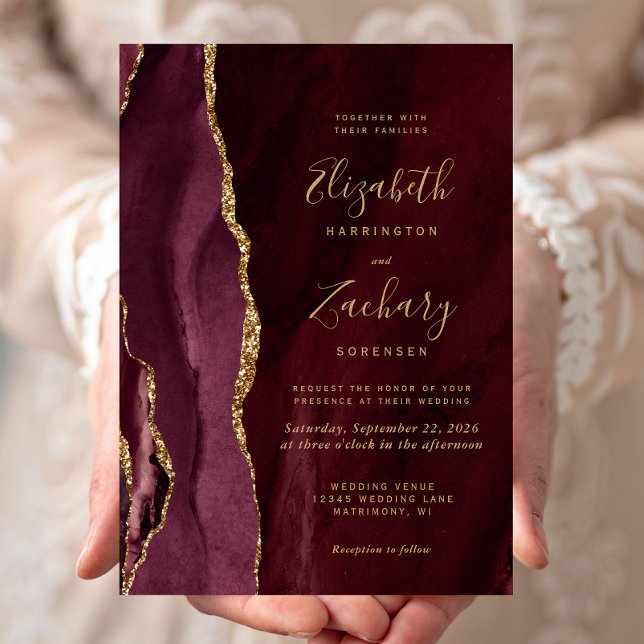 Burgundy Gold Agate Wedding Einladung (Von Creator hochgeladen)