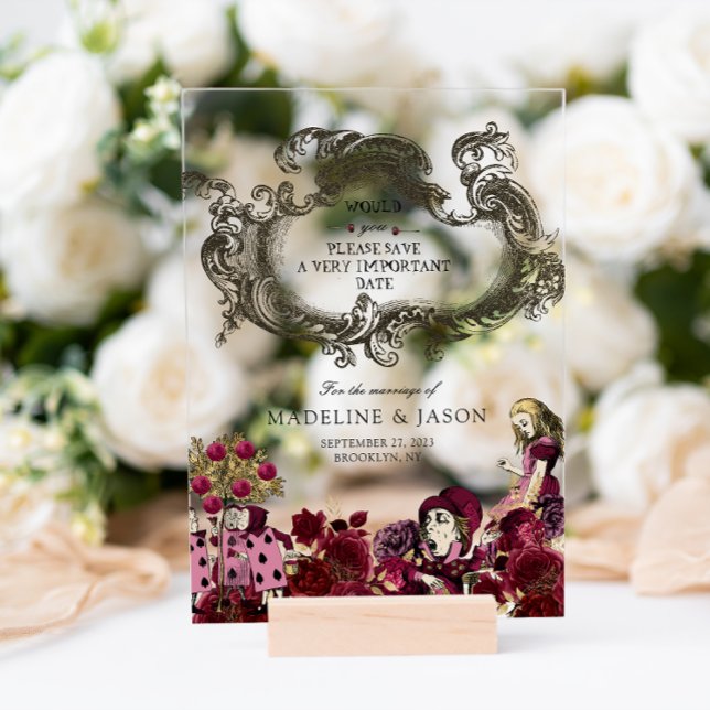 Burgundy Gold Alice im Wunderland Wedding Acryleinladungen (Von Creator hochgeladen)
