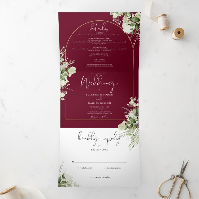 Burgundy Gold Arch Greenerie Blumenzwiebelblume Fo Dreifach Gefaltete Einladung (Innenseite)
