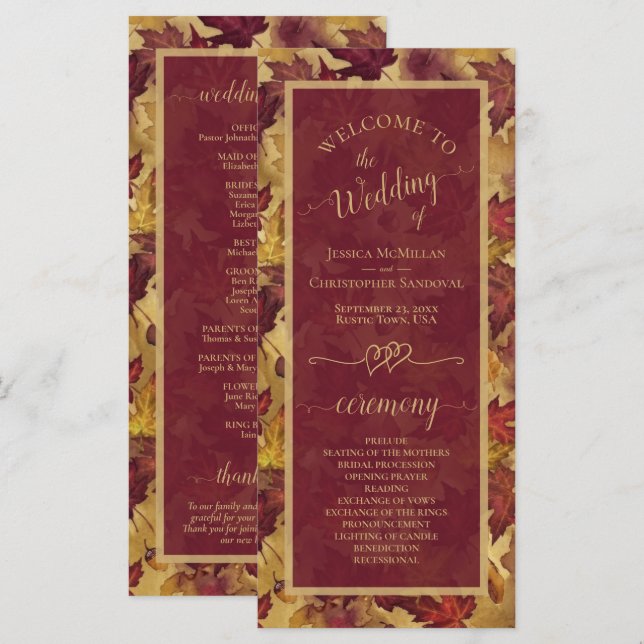 Burgundy & Gold Autumn Leaves Elegant Wedding Programm (Vorne/Hinten)