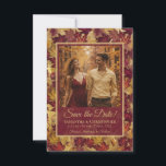 Burgundy & Gold Autumn Leaves & Photo Wedding Save The Date<br><div class="desc">These beautiful wedding save the date cards feature your photo on a rustic boho chic watercolor background with leaves and foliage in shades of burgundy and gold. The caption reads: Save the Date in elegant script lettering. There is space for your names, the wedding date & location below. Perfect for...</div>