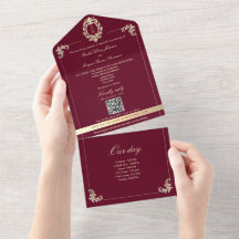 Burgundy Gold Baroque All-in-One Wedding Invite