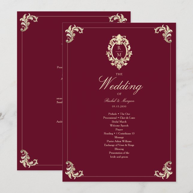 Burgundy Gold Baroque Wedding Ceremony Program (Vorne/Hinten)