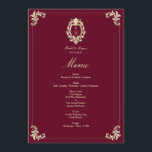 Burgundy Gold Baroque Wedding Reception Menükarte<br><div class="desc">Create a refined dining experience for your guests with this elegant burgundy and gold baroque wedding menu. Designed with a rich burgundy background and ornate vintage gold baroque flourishes, this menu adds a timeless and luxurious touch to your wedding reception table décor. The design features a classic baroque monogram crest...</div>