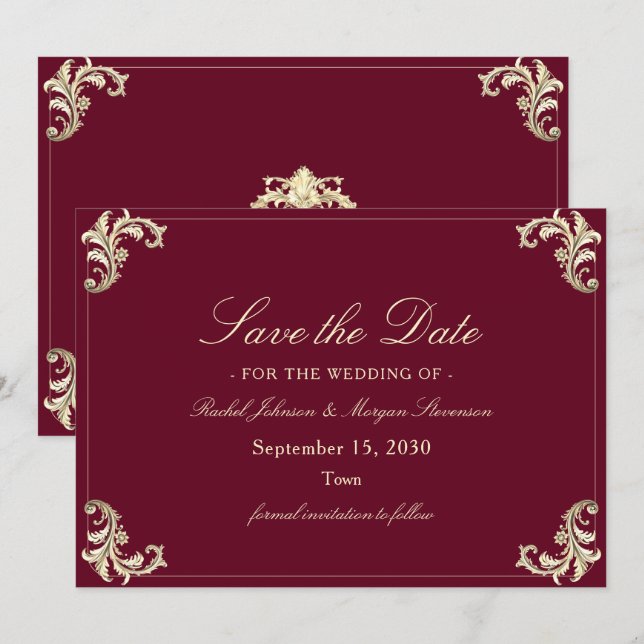 Burgundy Gold Baroque Wedding Save The Date (Vorne/Hinten)