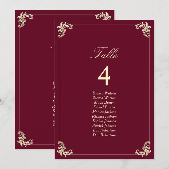 Burgundy Gold Baroque Wedding Seating Chart (Vorne/Hinten)