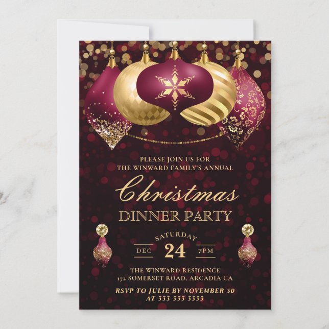 Burgundy & Gold Baubles Weihnachtsabend Party Einladung (Vorderseite)