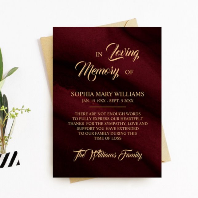 Burgundy & Gold Beileid Memory Danke Karte (Von Creator hochgeladen)