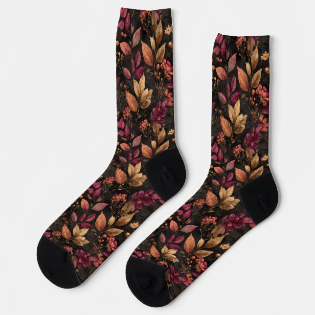 Burgundy Gold Black Botanicals Florals Wasserfarbe Socken (Linkes Detail)