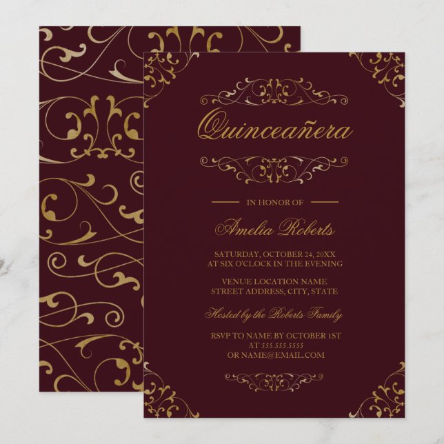Burgundy Gold Blüh Quinceanera Einladung (Vorne/Hinten)