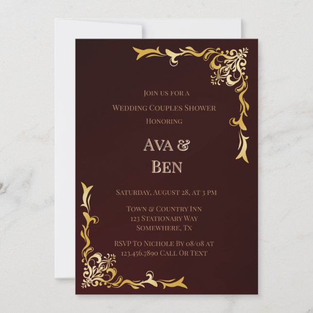 Burgundy Gold Blüh Wedding Couples Dusche Einladung (Vorderseite)