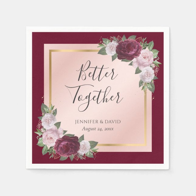 Burgundy Gold Blush Bloral Wedding Napkins Serviette (Vorderseite)