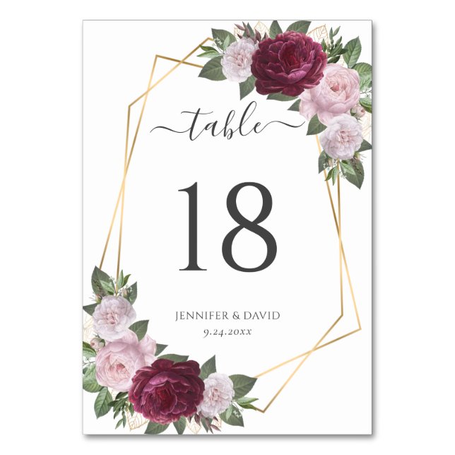Burgundy Gold Blush Bloral Wedding Tischnummer (Vorderseite)
