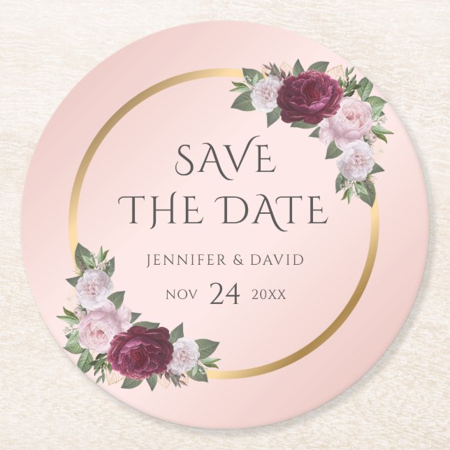 Burgundy Gold Blush Wedding rettet das Datum Runder Pappuntersetzer (Vorderseite)