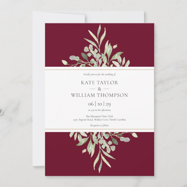 Burgundy Gold Botanische Hochzeit im Grünen Einladung (Vorderseite)