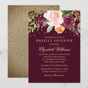 Burgundy Gold Botanischer Glitzer Brautparty Einladung