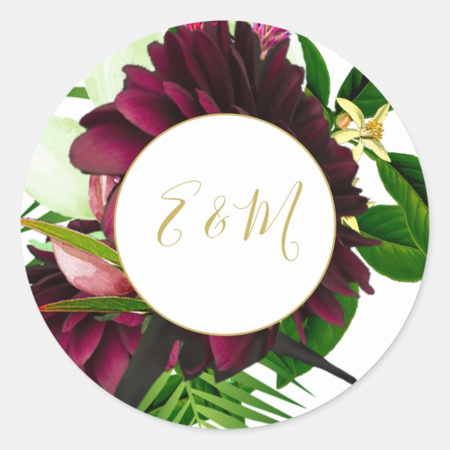 Burgundy Gold Bouquet Modernes Wedding Monogram Runder Aufkleber (Vorderseite)