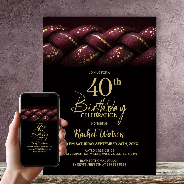 Burgundy Gold Braid 40. Geburtstag Party Einladung (Von Creator hochgeladen)
