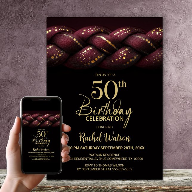 Burgundy Gold Braid 50. Geburtstagsparty Einladung (Von Creator hochgeladen)