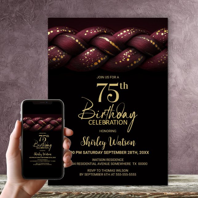 Burgundy Gold Braid 75. Geburtstagsparty Einladung (Von Creator hochgeladen)
