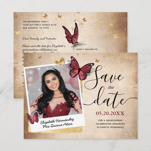 Burgundy Gold Butterfly Quince Foto Save the Date Ankündigungspostkarte (Vorne/Hinten)