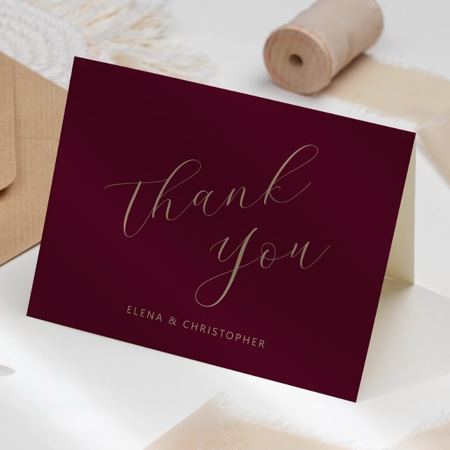 Burgundy Gold Calligraphy Wedding Vielen Dank Karte (Von Creator hochgeladen)