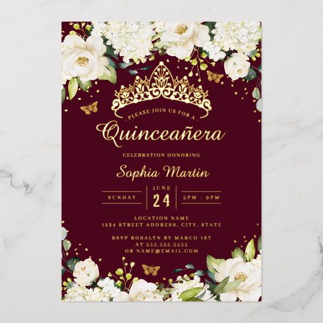 Burgundy Gold Champagne Floral Quinceanera Folieneinladung (Vorderseite)