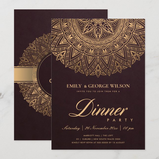 BURGUNDY GOLD CLASSIC VERZIERT MANDALA DINNER PART EINLADUNG (Vorne/Hinten)