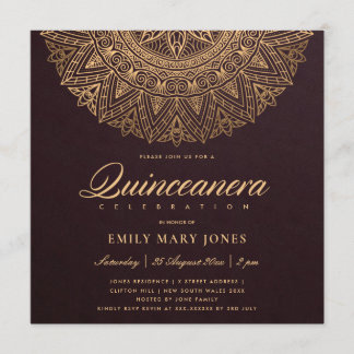 BURGUNDY GOLD CLASSIC VERZIERT MANDALA QUINCEANERA EINLADUNG