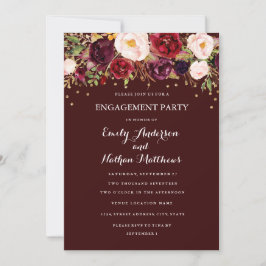 Burgundy Gold Confetti Floral Engagement Party Einladung