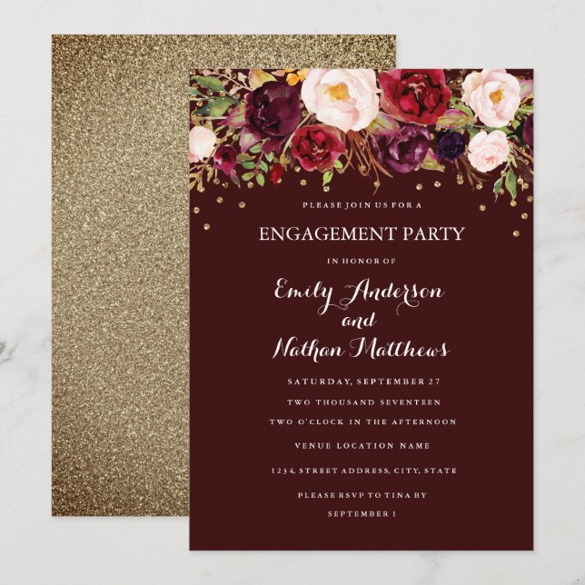 Burgundy Gold Confetti Floral Engagement Party Einladung (Vorne/Hinten)