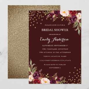 Burgundy Gold Confetti Floral Fall Brautparty Einladung