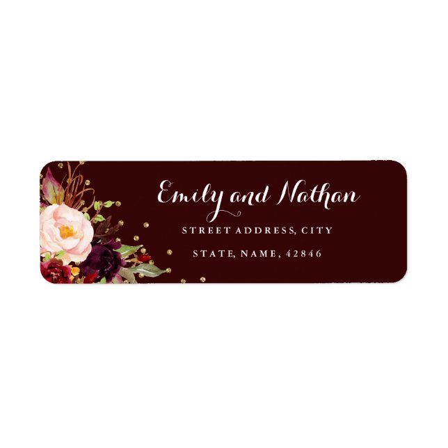 Burgundy Gold Confetti Floral Return Address Label (Vorne)
