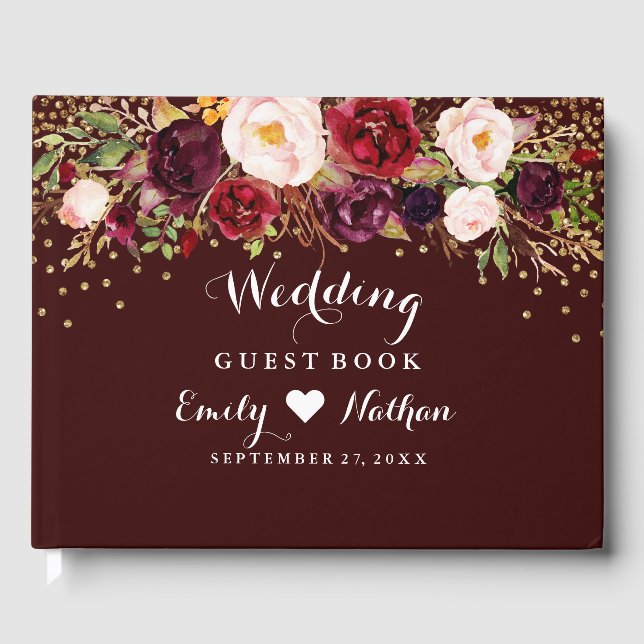 Burgundy Gold Confetti Floral Wedding Gästebuch (Vorderseite)