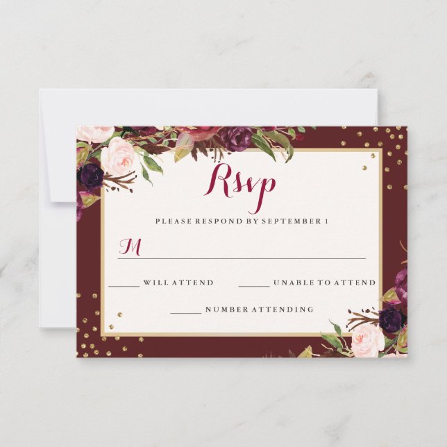 Burgundy Gold Confetti Floral Wedding RSVP Karte (Vorderseite)