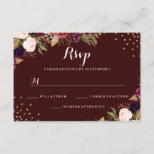 Burgundy Gold Confetti Floral Wedding RSVP