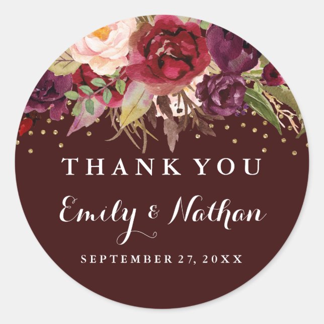 Burgundy Gold Confetti Floral Wedding Sticker (Vorderseite)