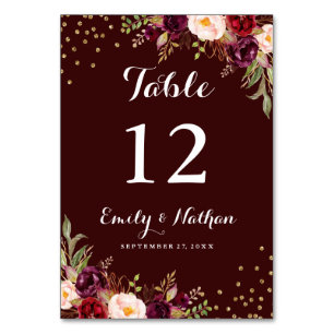 Burgundy Gold Confetti Floral Wedding Tischnummer
