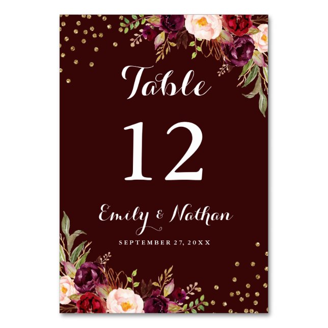 Burgundy Gold Confetti Floral Wedding Tischnummer (Vorderseite)