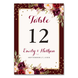 Burgundy Gold Confetti Floral Wedding Tischnummer