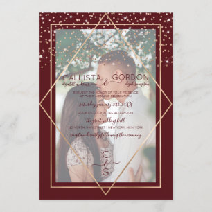 Burgundy Gold Confetti Geo Border Foto Wedding Einladung